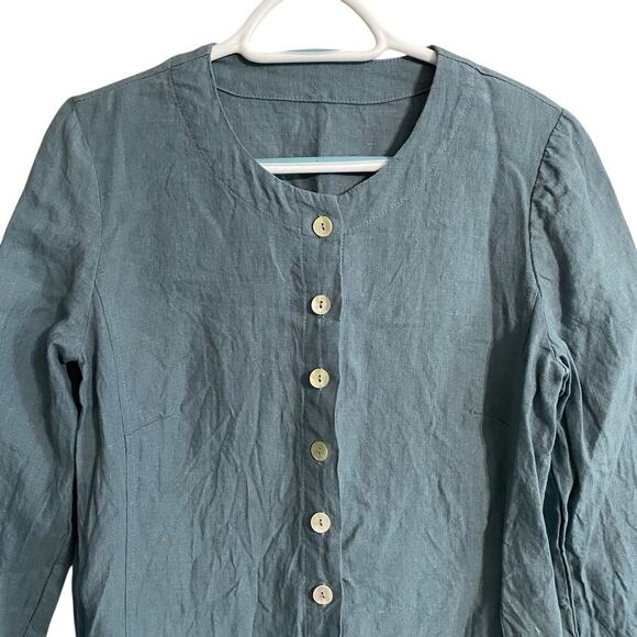 Linenshed Green Button Down 100% Linen Quarter Sleeve Knee Length Dress Size XS - Picture 2 of 10